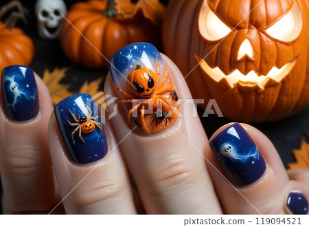 beautiful Halloween style manicure on women's hands 119094521