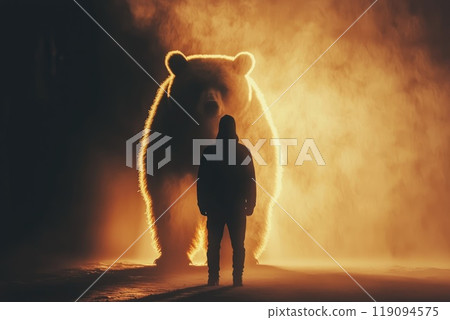A man stands in front of a bear that is larger than him, Concept of danger and fear 119094575