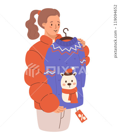 New year gift Shopping. Brunette girl tries on funny Christmas sweater. Holiday sale. Vector illustration. Festive female shopper character . 119094652