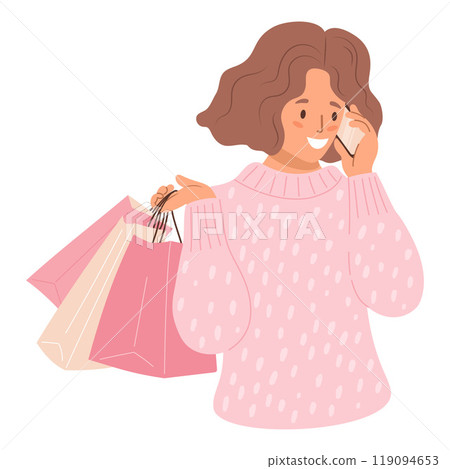 Day shopping and gifts. Cute happy girl in pink sweater with paper shopping packages talking on phone. Vector illustration. Holiday shopper character, sale, lifestyle Day shopping and gifts. Cute happy girl in pink sweater with paper shopping packages talking on phone. Vector illustration. Holiday shopper character, sale, lifestyle 119094653