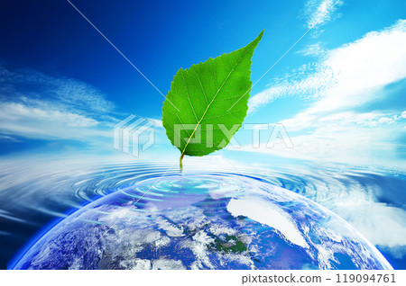 Green leaves floating on the water surface, spreading ripples and the earth 119094761