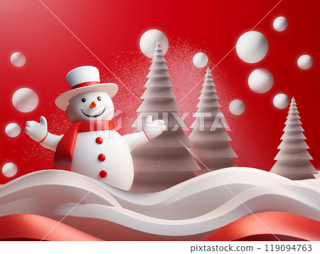 Snowman playing in the snow, red background 119094763