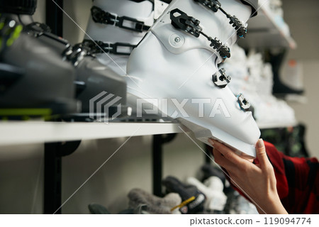 Ski boots new arrival collection on wall stand rack at shop 119094774
