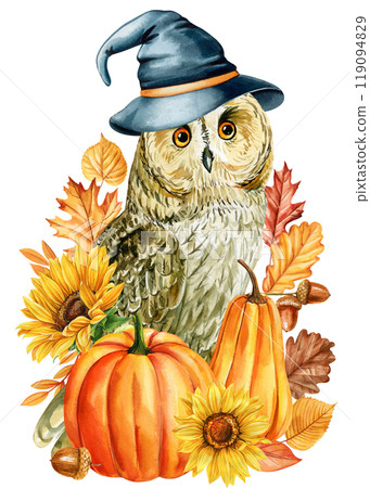 Halloween owl in witch hat with pumpkin, autumn leaves, flowers. Watercolor illustration for seasonal decor, art designs 119094829