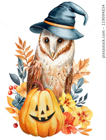 Halloween owl in witch hat with pumpkin, autumn leaves, flowers. Watercolor illustration for seasonal decor, art designs Halloween owl in witch hat with pumpkin, autumn leaves, flowers. Watercolor illustration for seasonal decor, art designs 119094834