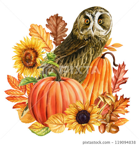 Halloween owl with pumpkin, autumn leaves, sunflower flowers. Watercolor illustration for seasonal decor, poster designs 119094838