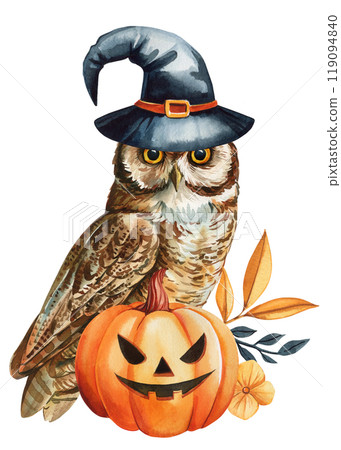Halloween owl in witch hat with pumpkin, autumn leaves, flowers. Watercolor illustration for seasonal decor, art designs 119094840