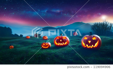 Scenery with jack-o-lanterns under the stars Scenery with jack-o-lanterns under the stars 119094906