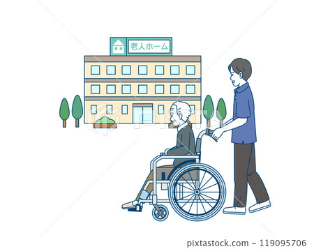 一名男性照顧者推著輪椅的插圖 一名男性照顧者推著輪椅的插圖 119095706