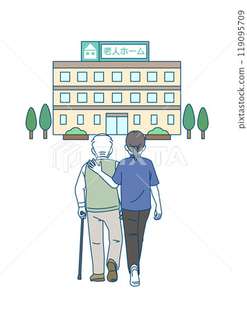 Illustration of a caregiver helping an elderly person walk Illustration of a caregiver helping an elderly person walk 119095709