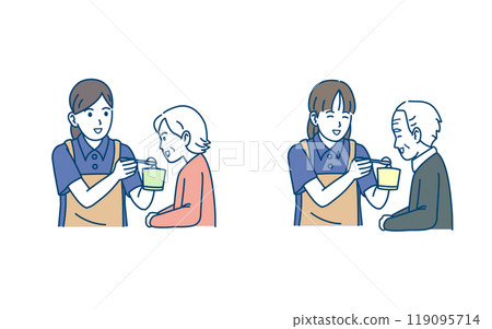 Illustration of a caregiver helping elderly people eat Illustration of a caregiver helping elderly people eat 119095714