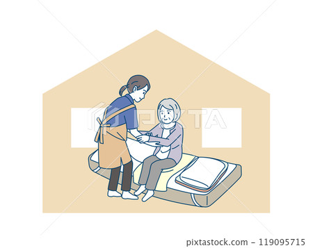 Illustration of a caregiver helping an elderly person stand up and move Illustration of a caregiver helping an elderly person stand up and move 119095715