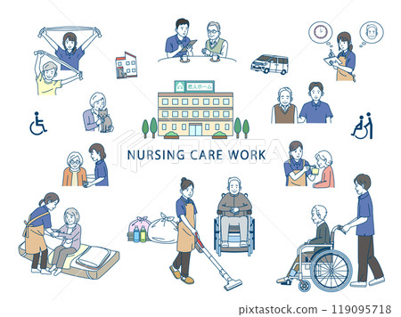 Illustration set of caregivers working with elderly people 119095718