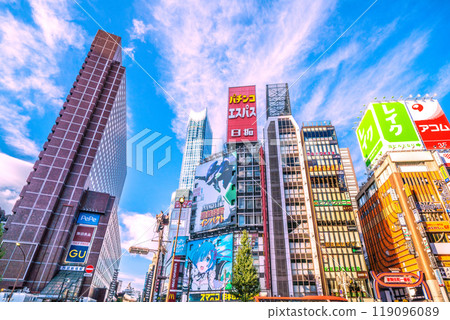 Tokyo cityscape in Japan in October. In front of the east exit of Shinjuku Station. View of Seibu Shinjuku Station and Tokyu Kabukicho Tower. (7th) Tokyo cityscape in Japan in October. In front of the east exit of Shinjuku Station. View of Seibu Shinjuku Station and Tokyu Kabukicho Tower. (7th) 119096089