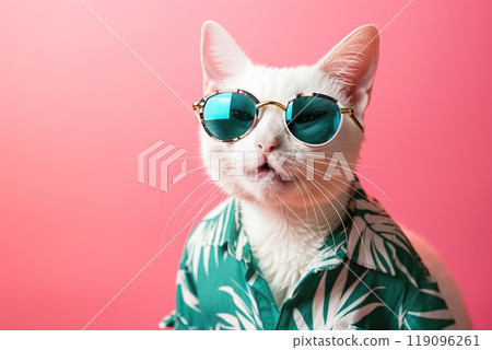 Cute white cat in sunglasses on a pink color studio background, closeup. Space for text. Cat with glasses. Cool cat in summer hawaiian cloth. Travel with pet. Summertime Sale, advertisement, discount 119096261