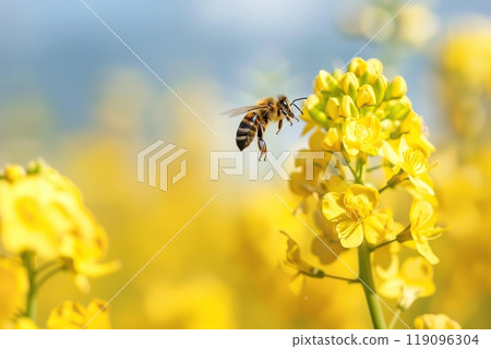 Close-up macro of bee on yellow flower. Honey bee collects nectar. Flying large honeybee collecting bee pollen from flowers blossom. Blur natural background. Sunny bright day. Summer and spring. 119096304