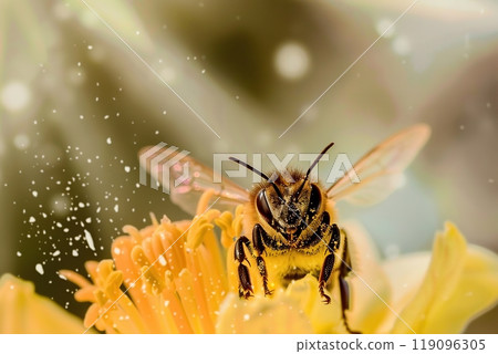 Close-up macro of bee on yellow flower. Honey bee collects nectar. Flying large honeybee collecting bee pollen from flowers blossom. Blur natural background. Sunny bright day. Summer and spring. Close-up macro of bee on yellow flower. Honey bee collects nectar. Flying large honeybee collecting bee pollen from flowers blossom. Blur natural background. Sunny bright day. Summer and spring. 119096305