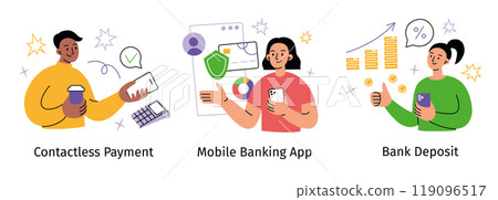 Vector illustration of contactless payment, mobile banking app, and bank deposit. Flat cartoon design of people using banking technologies and smartphones for finance management 119096517