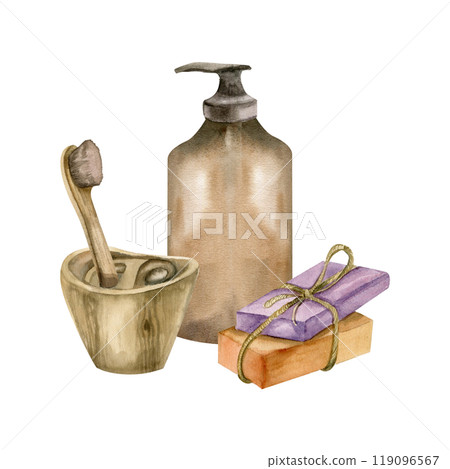 Glass brown bottle of liquid soap , hand made pieces of soap and tooth brush in wooden eco cup watercolor illustration.Environmentally friendly female beauty elements for spa, wellness eco care design Glass brown bottle of liquid soap , hand made pieces of soap and tooth brush in wooden eco cup watercolor illustration.Environmentally friendly female beauty elements for spa, wellness eco care design 119096567