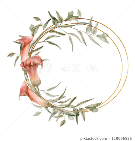 Wedding wreath template with calla lily flowers and greenery on golden round frames. Hand drawn floral banner with vintage tropical flowers for card, invitation design. Celebration decor Wedding wreath template with calla lily flowers and greenery on golden round frames. Hand drawn floral banner with vintage tropical flowers for card, invitation design. Celebration decor 119096586
