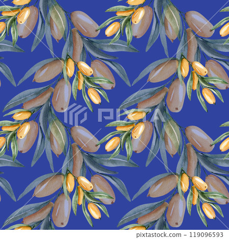 Autumn orange berries branches with green leaves seamless pattern on blue. Hand drawn watercolor background with forest wild sea buckthorn for liquids, tea packing, drugstore medicine, kitchen textile Autumn orange berries branches with green leaves seamless pattern on blue. Hand drawn watercolor background with forest wild sea buckthorn for liquids, tea packing, drugstore medicine, kitchen textile 119096593