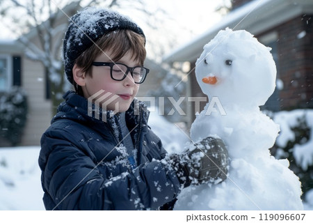 Enjoying Joyful Winter Fun Exciting Activity of Building Snowman with Child 119096607