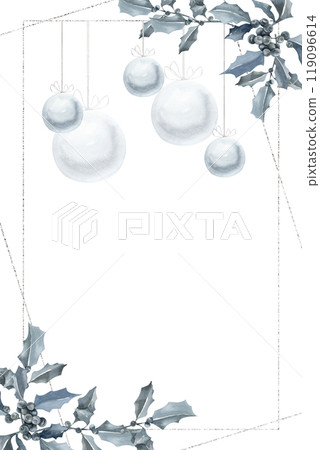 Christmas greeting card watercolor template with silver pine tree balls and mistletoe branches. Monochrome winter season banner, frame for new year celebration card, poster, decor Christmas greeting card watercolor template with silver pine tree balls and mistletoe branches. Monochrome winter season banner, frame for new year celebration card, poster, decor 119096614