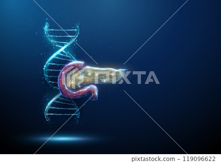 Blue 3d DNA molecule helix with red and yellow pancreas. Genetic diseases of the pancreas, DNA damage, genetic research concept 119096622