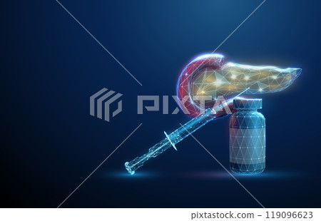Syringe on a bottle with human pancreas. Healthcare protection medical concept. Pancreas treatment concept. 119096623