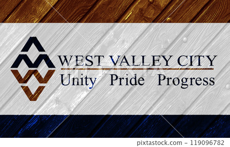 Flag of the city of West Valley City, Utah, USA, on a background of a wooden fence. Conceptual collage 119096782