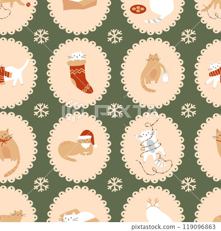 Christmas cats seamless pattern. Vector funny pets on the winter holiday at home. Cute kitties. 119096863