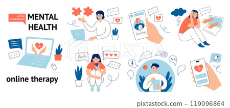 Online therapy vector illustrations collection in flat cartoon style. Perfect for mental health, virtual counseling, and psychological support themes. Therapist, meditation, and treatment process 119096864