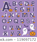 Halloween alphabet with cute ghosts, pumpkins, bat 119097172