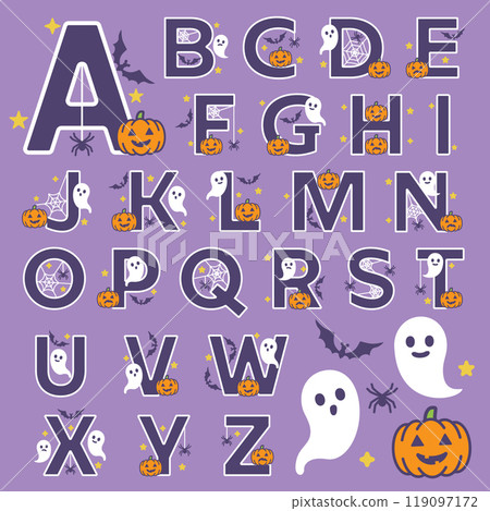Halloween alphabet with cute ghosts, pumpkins, bat 119097172