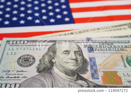US America flag with dollar banknote, finance banking. 119097272