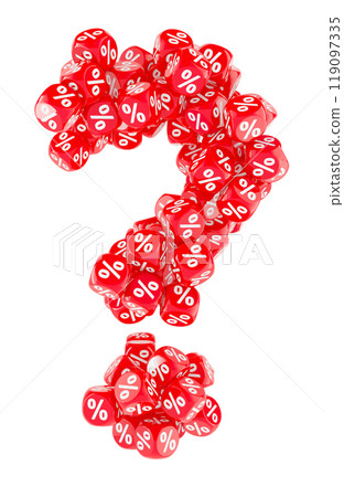 Question mark from red discount cubes, 3D rendering Question mark from red discount cubes, 3D rendering 119097335