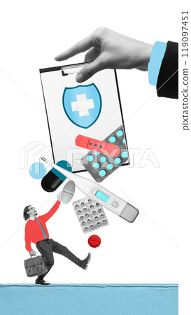 Businessman holding large health insurance clipboard, guiding doctor in protecting patients. Continuous care and expert guidance. Contemporary art collage. 119097451