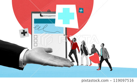 Medical team standing ready to provide care, shield in hand. Cover for essential health services. Contemporary art collage. Medical team standing ready to provide care, shield in hand. Cover for essential health services. Contemporary art collage. 119097516