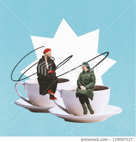 Contemporary art collage. Women in winter coats sit inside giant teacups, chatting away. Oversized cups and warmth conversation. 119097527