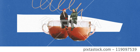 Contemporary art collage. Two women in winter clothes sit atop large cups of tea, sharing cozy moment. The warm hues of tea mirror warmth of their friendship. Contemporary art collage. Two women in winter clothes sit atop large cups of tea, sharing cozy moment. The warm hues of tea mirror warmth of their friendship. 119097539