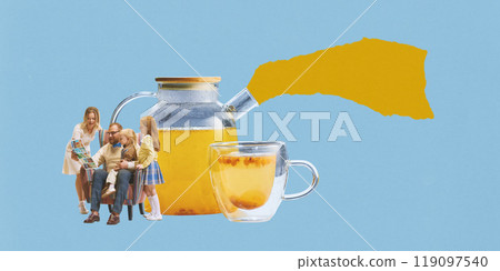 Contemporary art collage. Happy family looking at travel guide, while bright yellow teapot and glass of tea sit next to them. Nostalgic family moments captured with warmth. 119097540