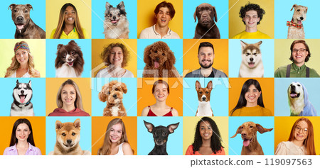 Collage made of portraits purebred dogs and people, seamlessly look alike posing against blue-yellow backgrounds. 119097563