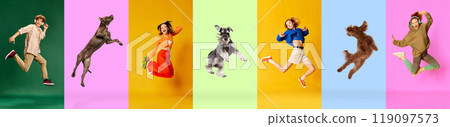 Banner. Collage of dynamic shots of people and their lovely and playful pets, dogs against vibrant colorful background. 119097573