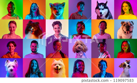 Collage made of portraits happy, smiling diverse people and different pets posing in neon light against vibrant background. Collage made of portraits happy, smiling diverse people and different pets posing in neon light against vibrant background. 119097583