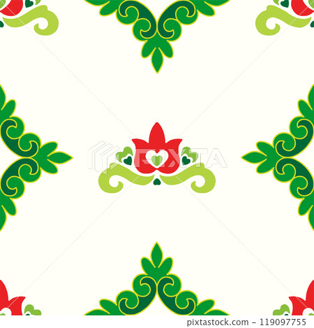 Tatar seamless pattern. Islamic tulip, floral geometry. Culture of the Tatar people, symbols of green and red. 119097755