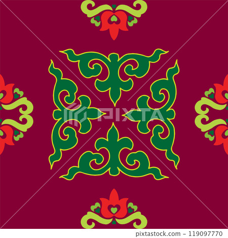 Tatar seamless pattern. Islamic tulip, floral geometry. Culture of the Tatar people, symbols of green and red. 119097770