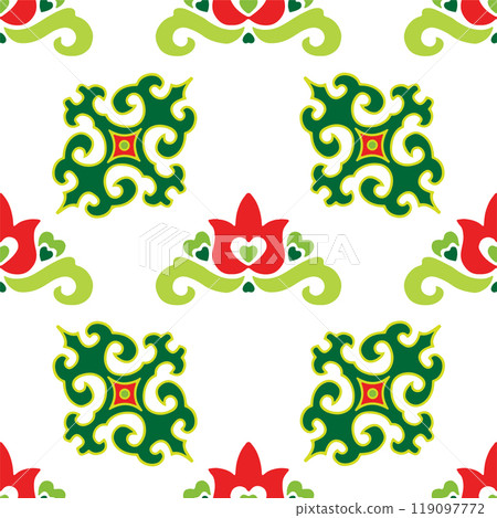 Tatar seamless pattern. Islamic tulip, floral geometry. Culture of the Tatar people, symbols of green and red. Tatar seamless pattern. Islamic tulip, floral geometry. Culture of the Tatar people, symbols of green and red. 119097772