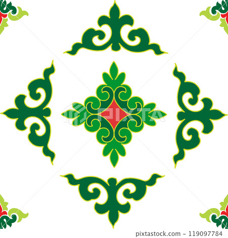 Tatar seamless pattern. Islamic tulip, floral geometry. Culture of the Tatar people, symbols of green and red. 119097784