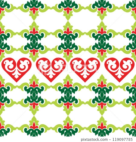 Tatar seamless pattern. Islamic tulip, floral geometry. Culture of the Tatar people, symbols of green and red. 119097785