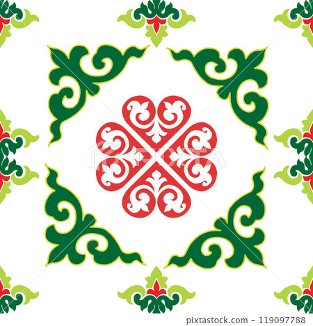 Tatar seamless pattern. Islamic tulip, floral geometry. Culture of the Tatar people, symbols of green and red. 119097788